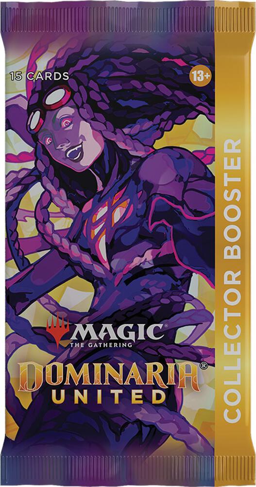 MTG Dominaria United Collector Booster Pack by Wizards of the Coast, featuring colorful booster pack with Magic: The Gathering branding.