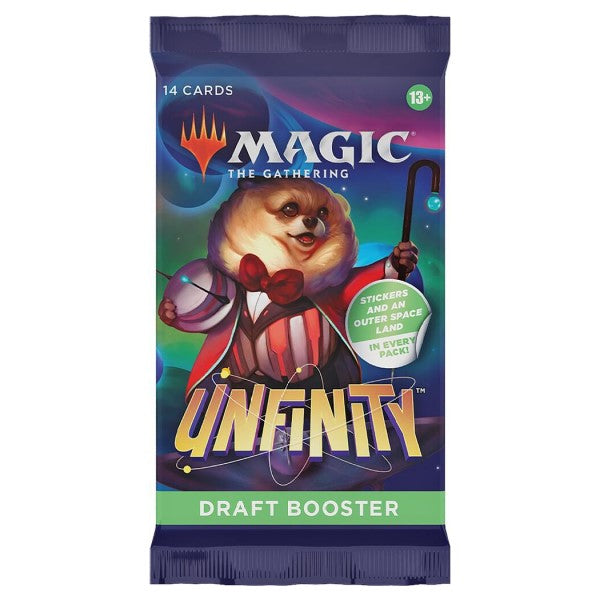 MTG Unfinity Draft Booster Pack by Wizards of the Coast, featuring colorful Magic: The Gathering cards and artwork.