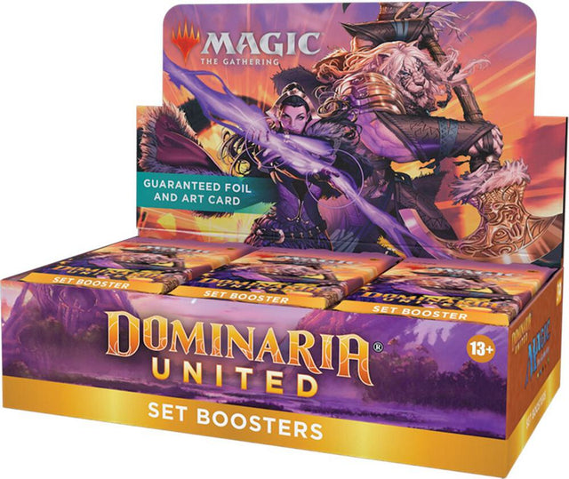 MTG Dominaria United Set Booster Box from Wizards of the Coast, featuring colorful booster packs and Magic: The Gathering branding.