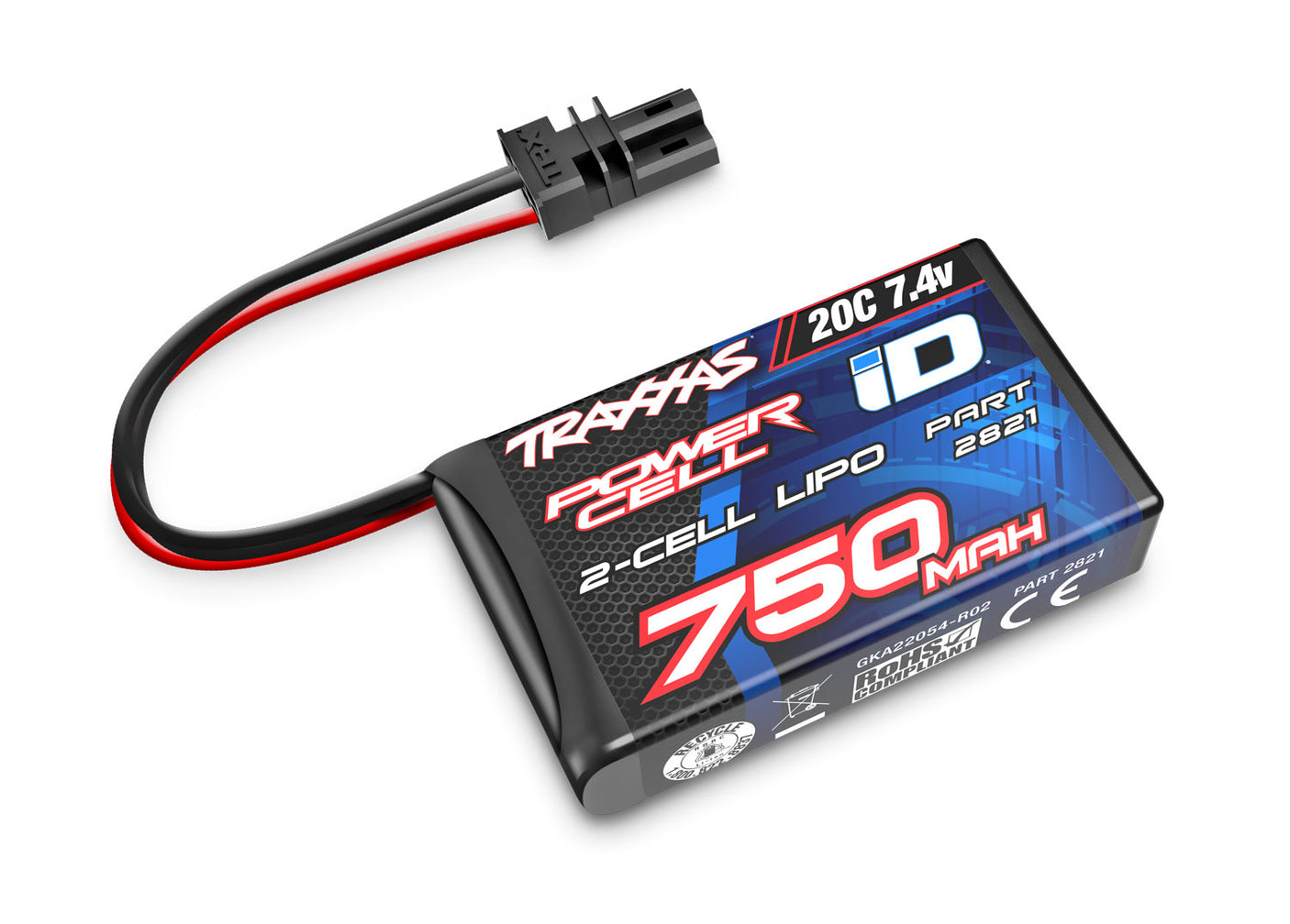Traxxas 750mAh 7.4V 2S LiPo battery for RC cars, compact and lightweight with orange and black branding.