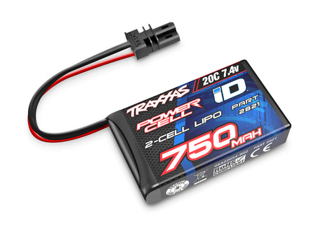 Traxxas 750mAh 7.4V 2S LiPo battery for RC cars, compact and lightweight with orange and black branding.
