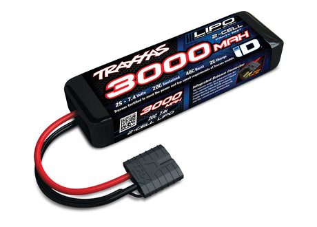 Traxxas 3000mAh 7.4V 2S LiPo battery for RC cars, showing the compact, rechargeable lithium polymer pack with connectors.