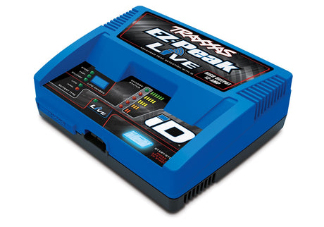 Traxxas EZ-Peak Live 4S 12-Amp multi-chemistry RC charger with digital display and multiple charging ports.