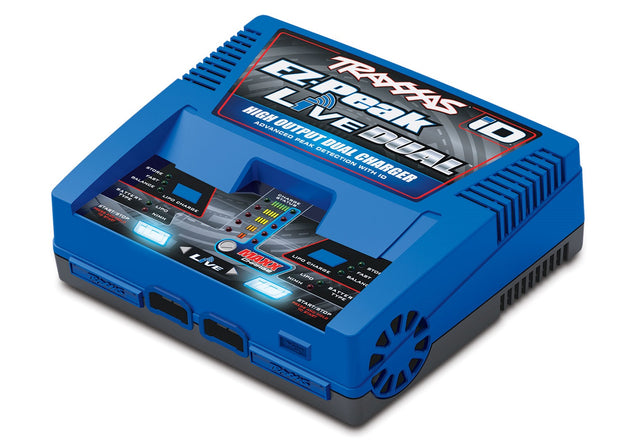 Traxxas EZ-Peak Live 26-Amp 4S dual multi-chemistry RC charger with display and multiple charging ports.