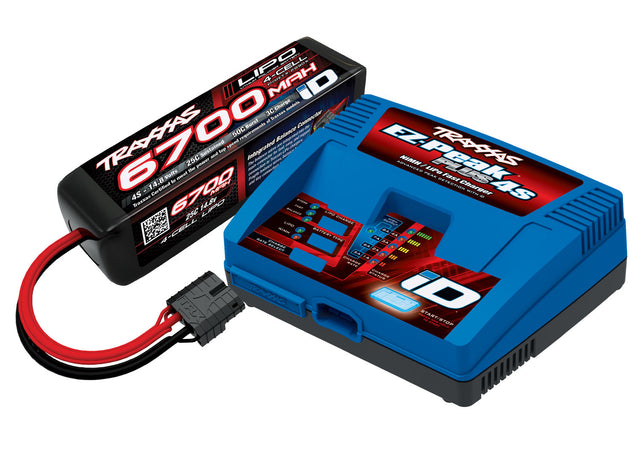 Traxxas 4s LiPo battery pack with EZ Peak 4s charger, compatible with RC cars and models, shown in the image.