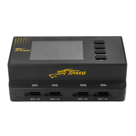 Gens Ace Tattu TA300 8-channel smart charger with G-Tech, featuring multiple charging ports and LCD display for drone batteries.