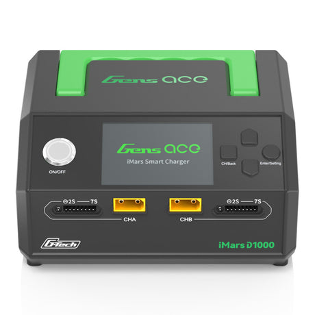 Gens Ace iMARS D1000 smart RC car charger with dual channels and 1000W power, shown connected to RC batteries.