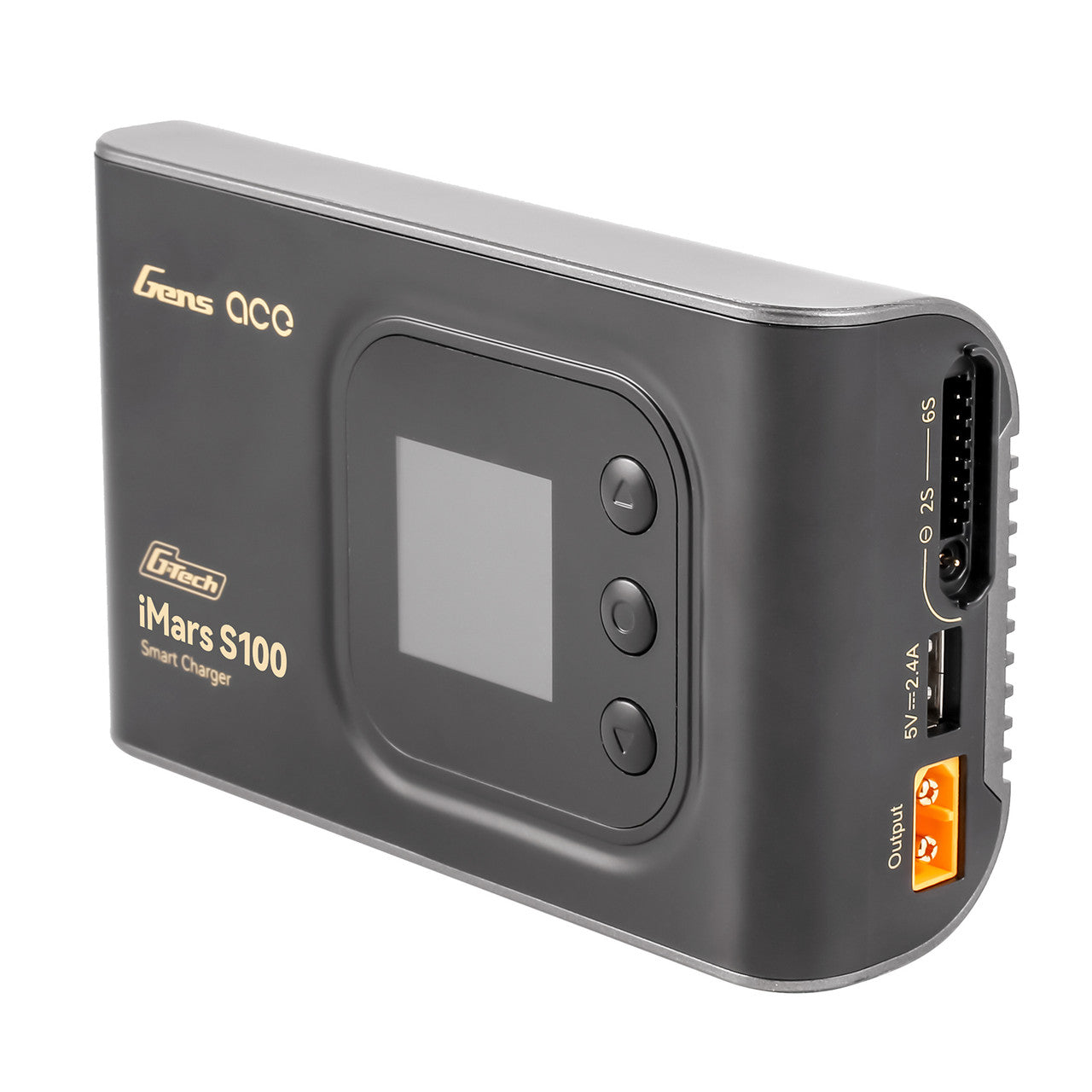 Gens Ace iMars S100 G-Tech AC Balance RC Car battery smart charger with digital display and multiple charging ports.