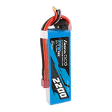 Gens Ace G-Tech 2200mAh 7.4V 45C RC car LiPo battery with 2S1P configuration and connectors visible.