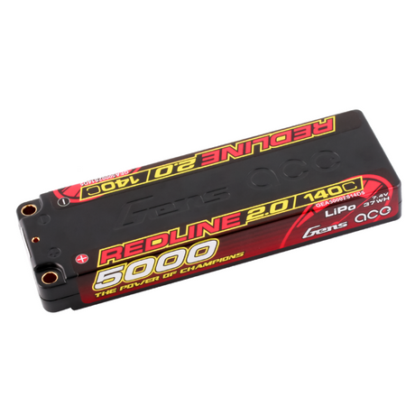 Gens Ace Redline 2.0 5000mAh 2S 140C LiPo battery for RC models, featuring red and black design and high-performance specs