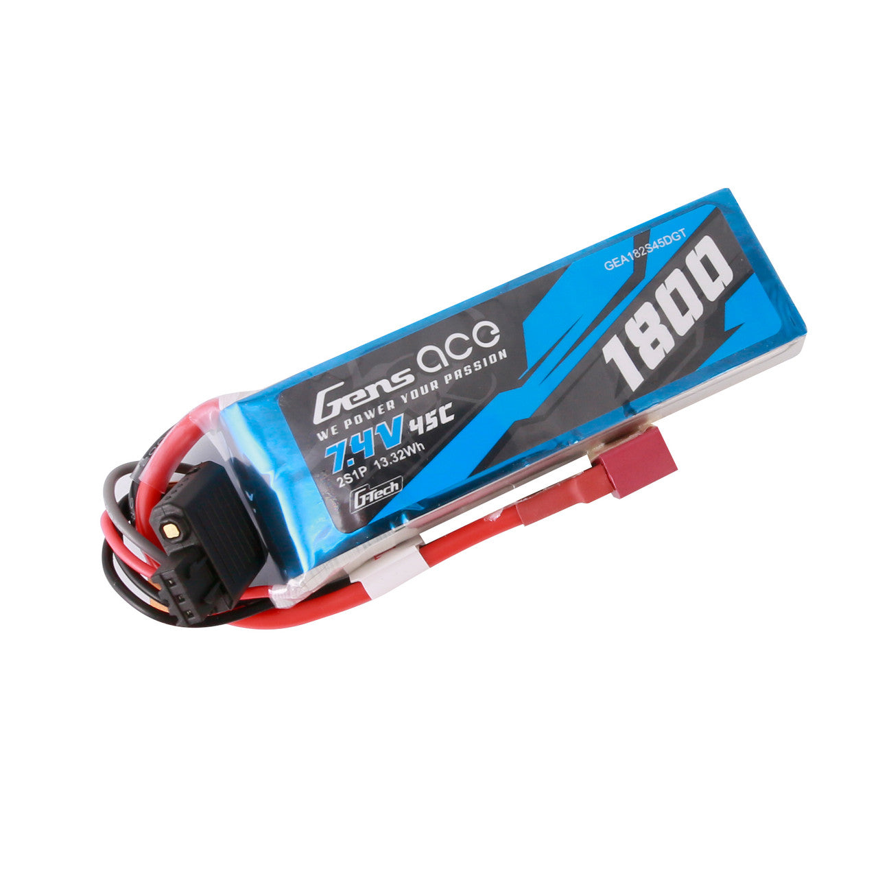 Gens Ace G-Tech 1800mAh 7.4V 45C RC car LiPo battery with two-cell 2S1P configuration, black and red plastic casing.