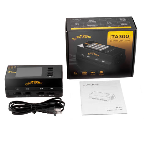 Gens Ace Tattu TA300 8-channel smart charger with G-Tech for lithium batteries, featuring multiple charging ports and digital display.