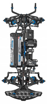 Top-down view of the Team Associated RC10TC8 Steel-Spec RC car kit showing chassis and detailed components.