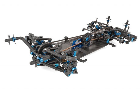 Team Associated RC10TC8 graphite-spec RC car kit shown from the side with detailed chassis and components.