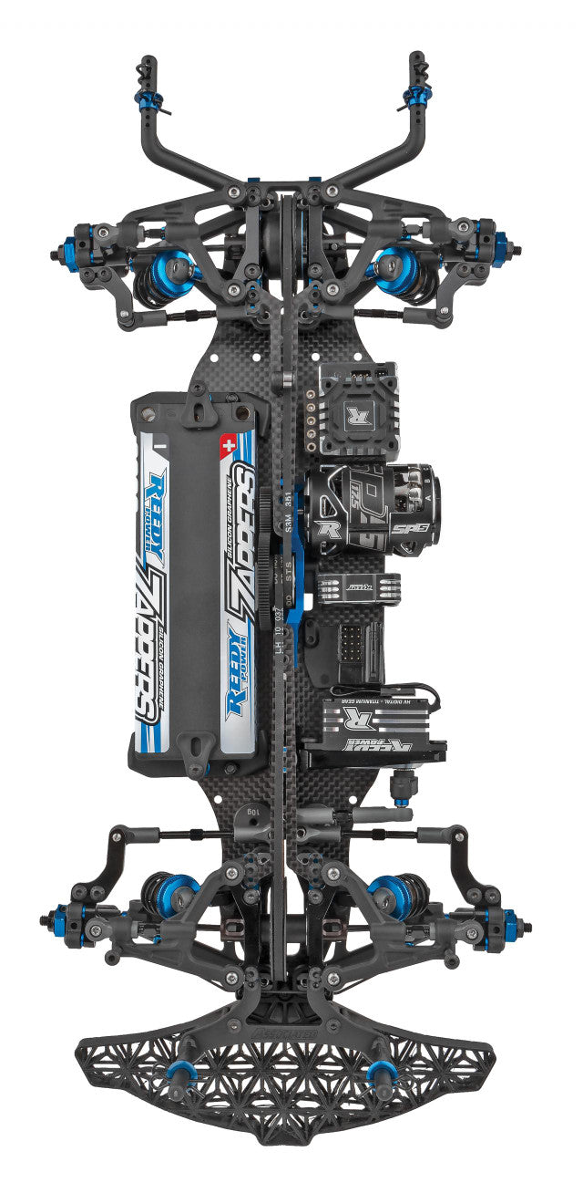 Top-down view of the Team Associated RC10TC8 Graphite-Spec Team Kit with detailed chassis components and electronics.