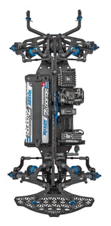 Top-down view of the Team Associated RC10TC8 Graphite-Spec Team Kit with detailed chassis components and electronics.