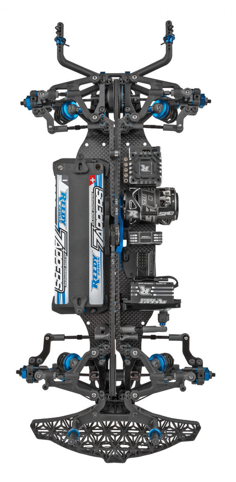 Top-down view of the Team Associated RC10TC8 Graphite-Spec Team Kit with detailed chassis components and electronics.