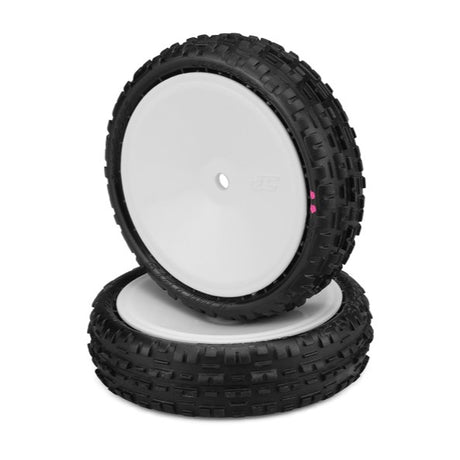 JConcepts Swaggers pre-mounted 1/10 2WD buggy front carpet tires, pink compound, for RC car racing on smooth surfaces.