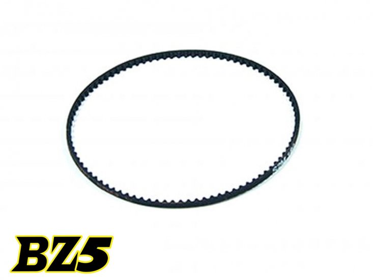 Atomic RC BZ5 91T front belt for RC cars, showing the black rubber belt with gear teeth and branding details.