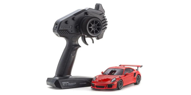 Kyosho Mini-Z MR-04 RWD Porsche 911 GT3 Lava Orange RC car on track with detailed exterior and wheels.