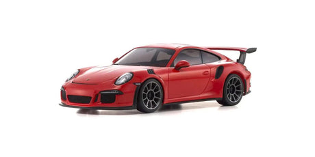 Kyosho Mini-Z MR-04 RWD RC car in Lava Orange Porsche 911 GT3, showing detailed body and racing wheels.