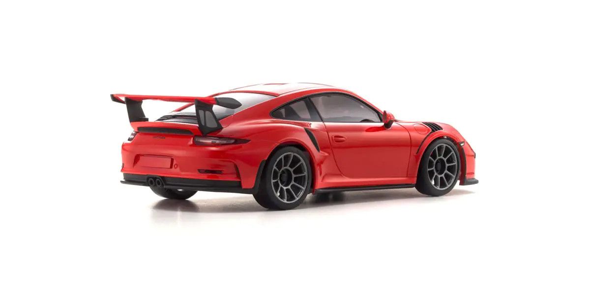 Kyosho Mini-Z MR-04 RWD Porsche 911 GT3 Lava Orange RC car on a track, showcasing detailed design and vibrant orange color.