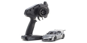 Kyosho Mini-Z MR-04 RWD Porsche 911 GT3 silver metallic RC car with detailed exterior and racing design.