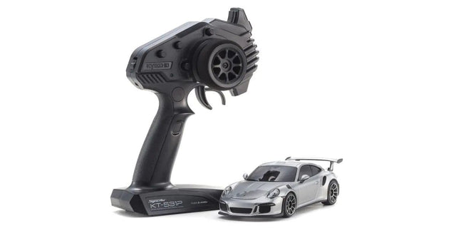 Kyosho Mini-Z MR-04 RWD Porsche 911 GT3 silver metallic RC car with detailed exterior and sleek design.