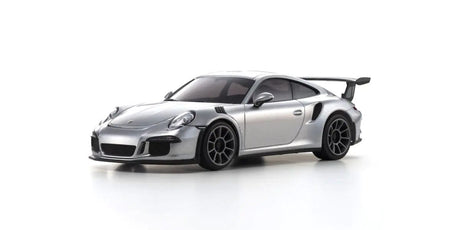 Kyosho Mini-Z MR-04 RWD Porsche 911 GT3 Silver Metallic RC car with detailed exterior and sleek design.