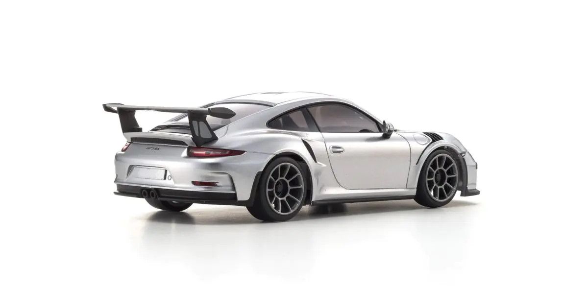 Kyosho Mini-Z MR-04 RWD Porsche 911 GT3 RC car in silver metallic with detailed body and racing wheels.