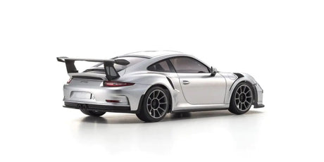 Kyosho Mini-Z MR-04 RWD Porsche 911 GT3 RC car in silver metallic with detailed body and racing wheels.