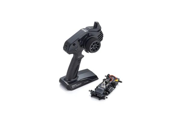 Kyosho Mini-Z RWD MR-04 RC car chassis with transmitter set, showing the sleek remote control and detailed chassis components.