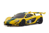 Kyosho Mini-Z MR-04 RC car featuring a detailed McLaren P1 GTR design on a clear racing track.