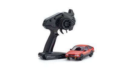 Red and black Kyosho Mini-Z AWD Toyota Corolla Levin AE86 RC car on a white background, showing detailed body and wheels.