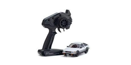 Kyosho Mini-Z AWD Toyota Corolla Levin AE86 RC car in white and black, detailed miniature vehicle on display.