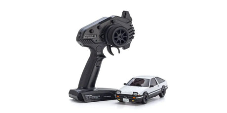 Kyosho Mini-Z MA-020 AWD RC car modeled after the Initial D Sprinter Trueno AE86, detailed yellow and black sports car design.