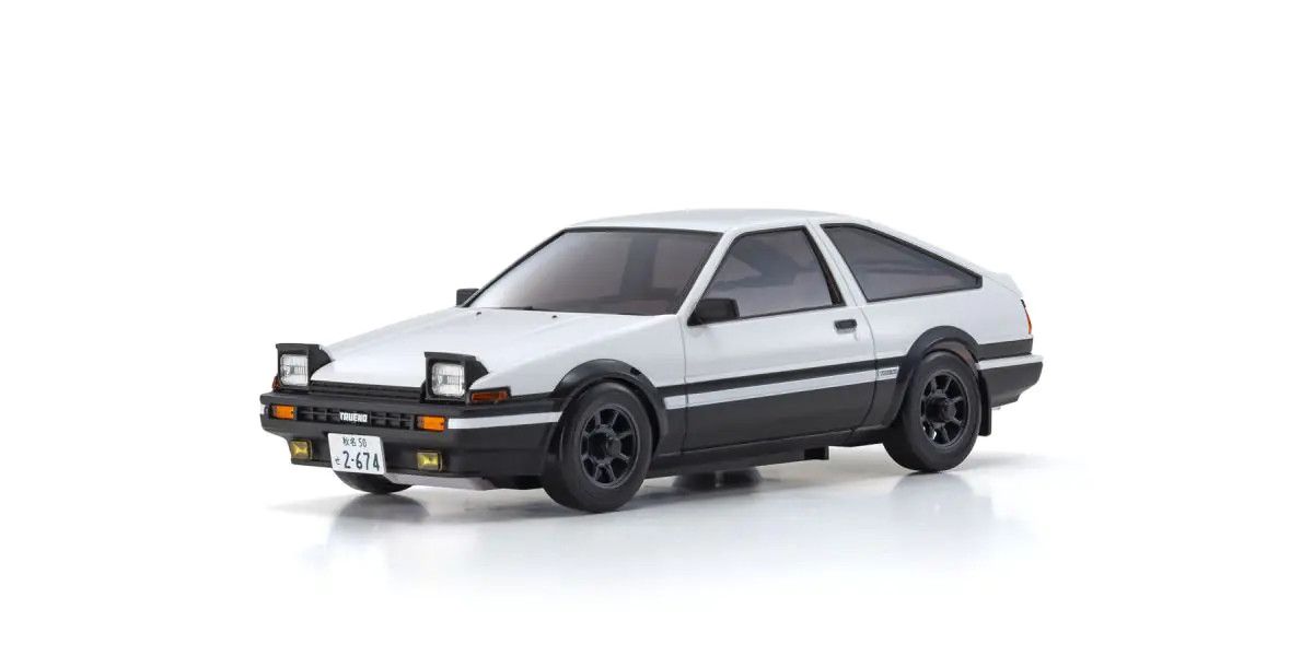 Kyosho Mini-Z MA-020 AWD RC Car modeled after the Initial D Sprinter Trueno AE86, detailed with racing decals and sleek design.