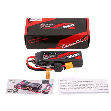 Gens Ace 3500mAh 2S 7.4V 60C LiPo battery with XT60 connector for RC models and drones, shown in the image.