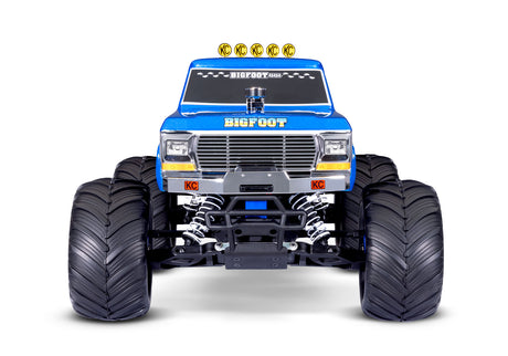 Traxxas Bigfoot No. 1 RC monster truck with XL-5 motor and battery, front view showing detailed body and large off-road tires.