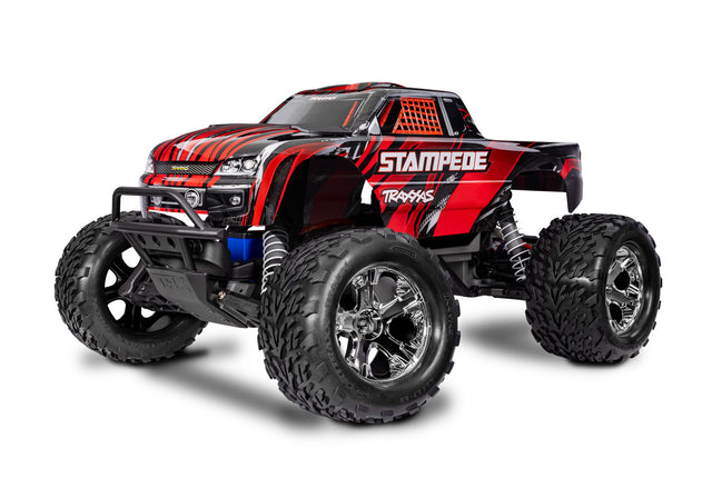 Red Traxxas Stampede 2WD HD RC truck shown from a three-quarter front angle, highlighting its robust design and large tires.