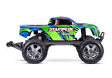 Traxxas Stampede 2WD HD remote control monster truck shown from the side with green body and large tires.