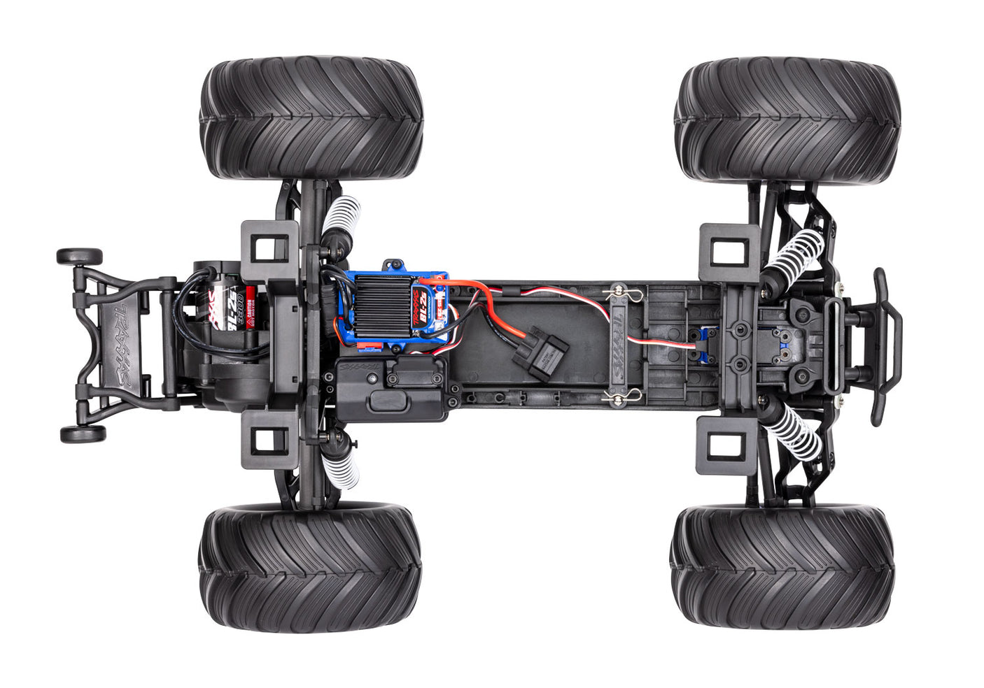 Overhead view of Traxxas Bigfoot BL-2s RC truck chassis showcasing detailed components and construction.