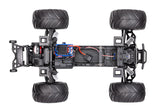 Overhead view of Traxxas Bigfoot BL-2s RC truck chassis showcasing detailed components and construction.