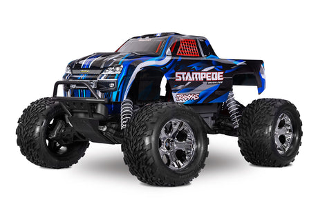 Traxxas Stampede 2WD BL-2s RC truck with blue body, front view showing rugged tires and detailed chassis.
