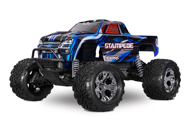 Traxxas Stampede 2WD BL-2s RC truck with blue body, front view showing rugged tires and detailed chassis.