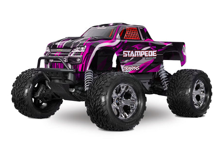 Traxxas Stampede 2WD BL-2s remote control truck, pink color, front quarter view showing detailed body and tires.