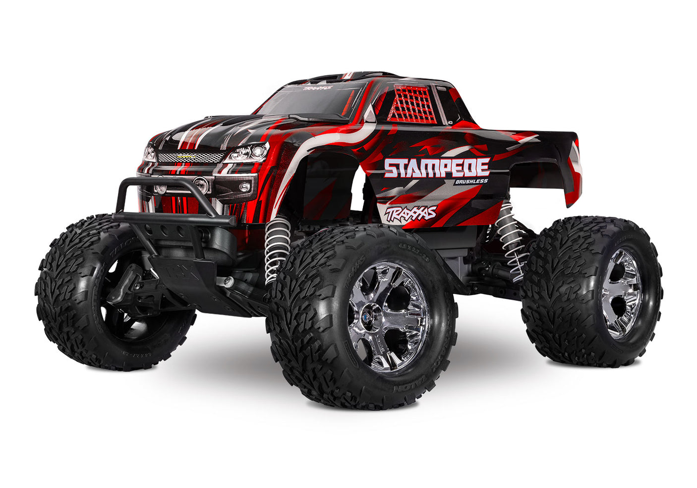 Red Traxxas Stampede 2WD BL-2s remote control monster truck front view, showcasing its rugged tires and detailed body design.