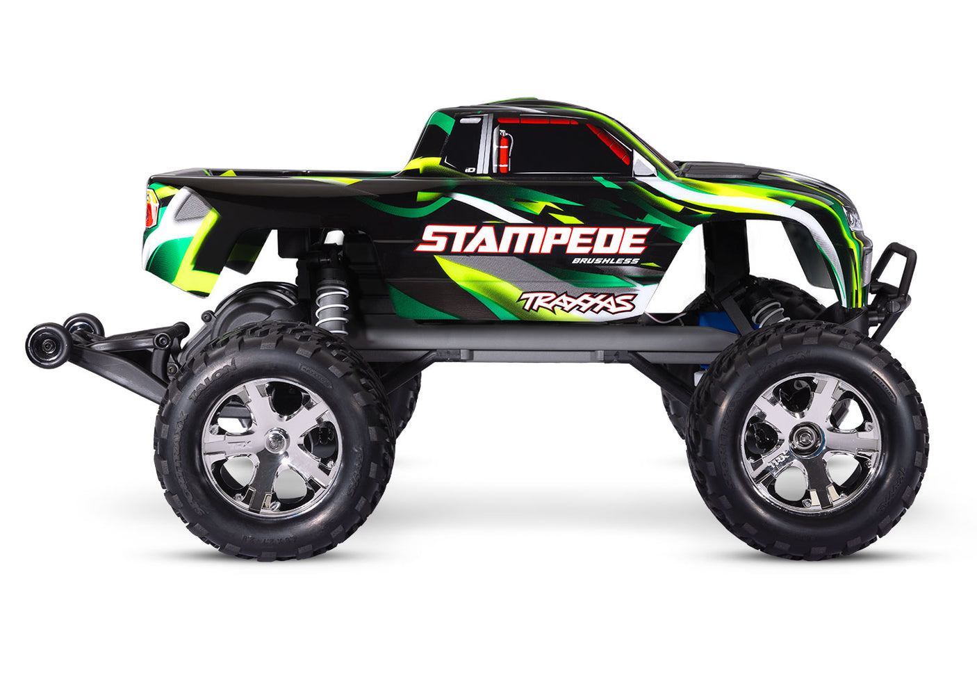 Traxxas Stampede 2WD BL-2s remote control monster truck with green and black body, large tires, and detailed side view.