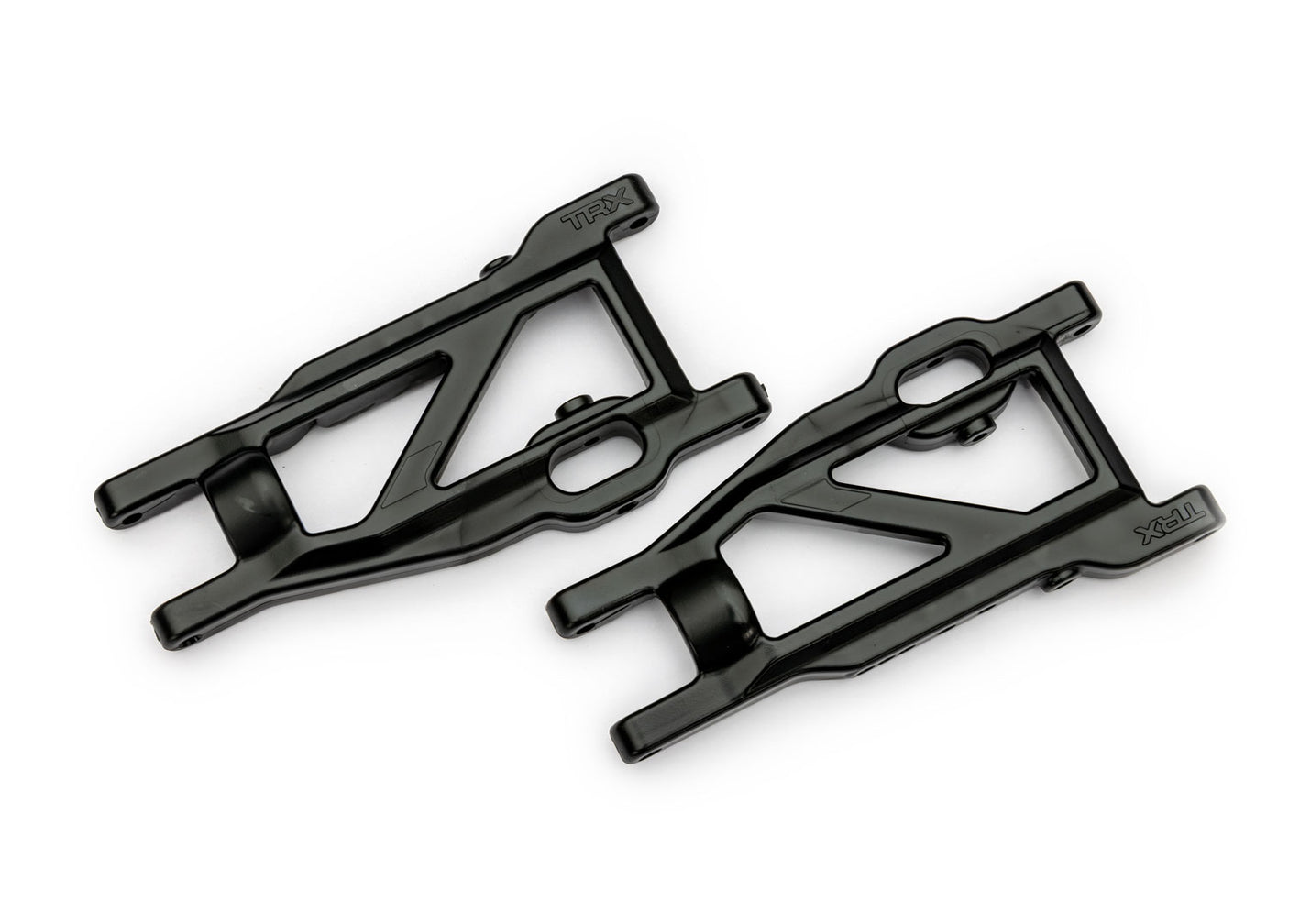 Traxxas black heavy-duty suspension arms for RC vehicles, showing durable metal construction and mounting points for upgrade.