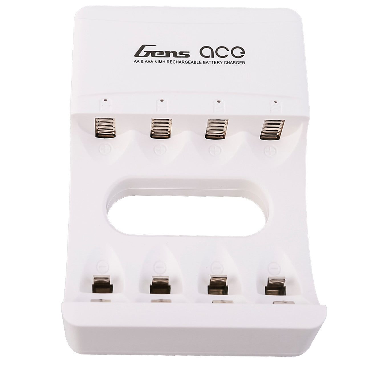 Gens Ace AA and AAA NIMH rechargeable battery charger with multiple charging slots and digital display.